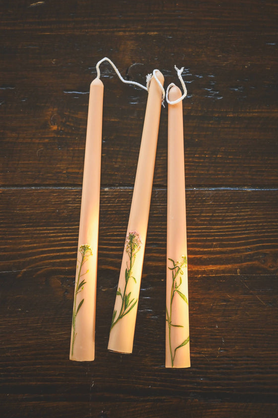 Floral Inlaid Taper Candles - Set of 3